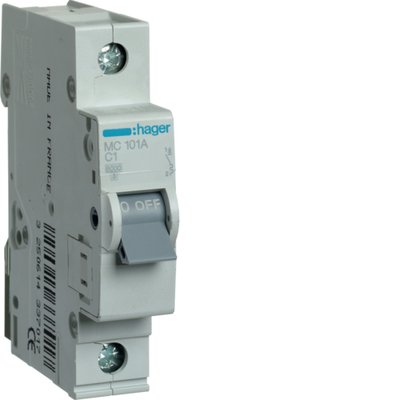 Автомат 1А 1P 6кА Hager MC101A (Автоматичний вимикач 1 полюс, тип C) MC101A фото